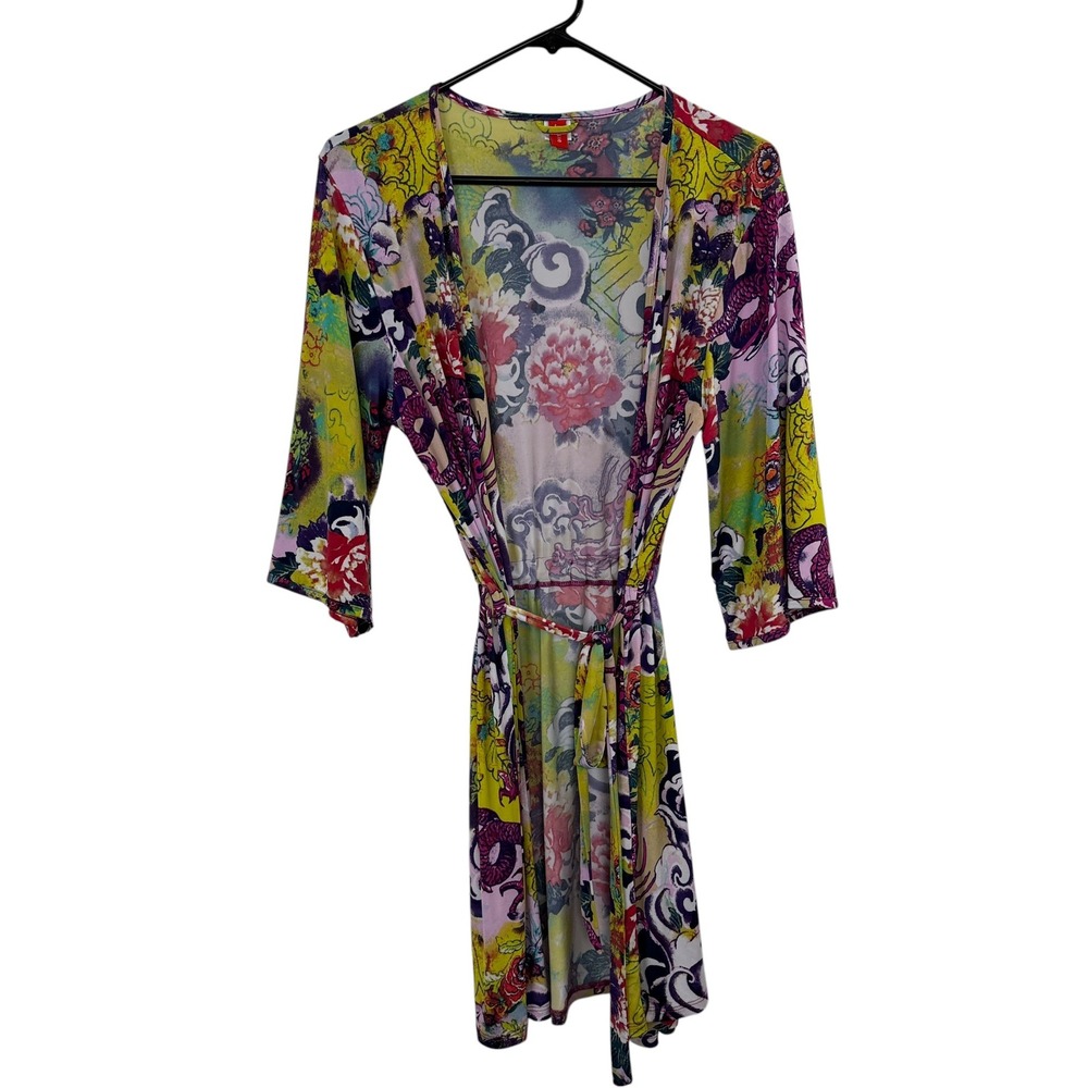 Josie Natori Robe Womens Small Yellow Pink Floral Dragon Print Kimono Style